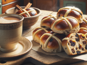 image featuring vegan hot cross buns, sliced horizontally, placed next to a cup of tea.