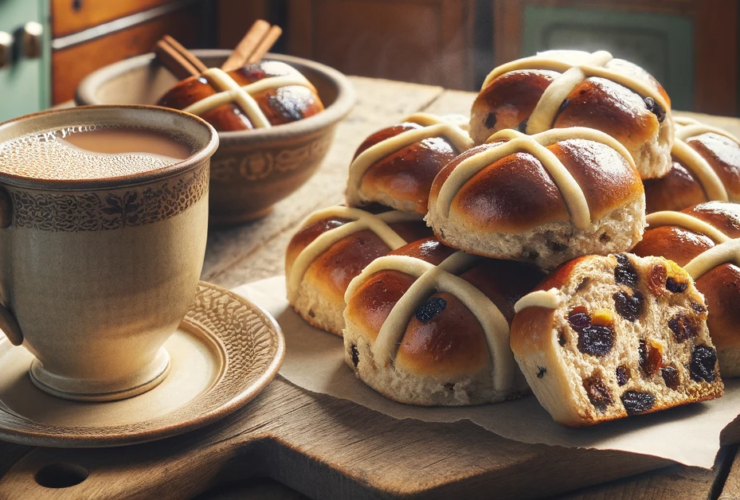 image featuring vegan hot cross buns, sliced horizontally, placed next to a cup of tea.