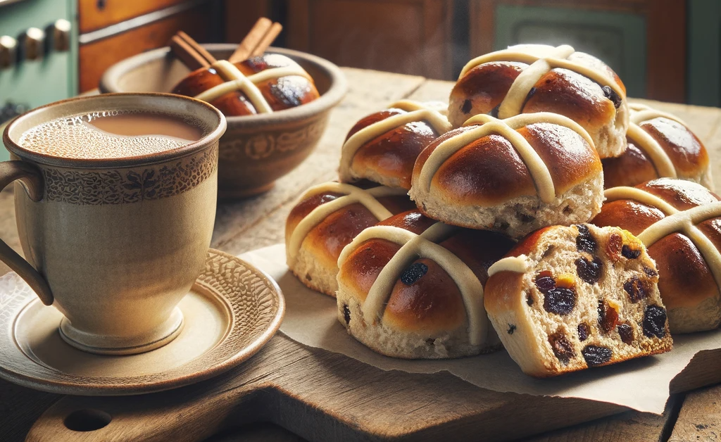 image featuring vegan hot cross buns, sliced horizontally, placed next to a cup of tea.